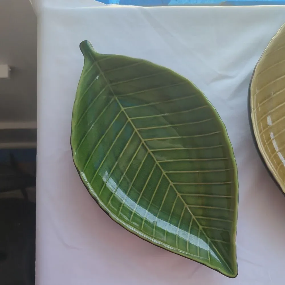 Home Trends Tahitian Leaf Ceramic Green Leaf-Shaped Dishes Microwave Safe Set o…